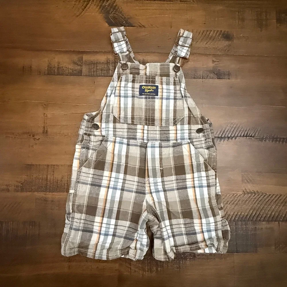 OshKosh Bgosh Plaid Overalls Shortalls Brown Blue Pockets‎ 18 Months